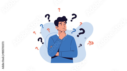 Confused young man in a blue sweater surrounded by numerous floating question marks as he tries to make a difficult decision.