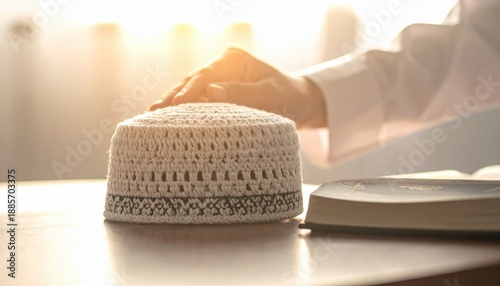 Close up of a hand resting on a white prayer cap with a Holy Book beside it bathed in warm sunlight creating a serene and spiritual atmosphere