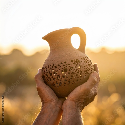 Two Hands Gently Hold an Ancient Clay Pitcher with Ornate Perforations Against a Warm Golden Sunset in a Rural Field