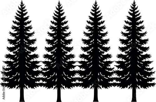 Black pine tree silhouette set showing evergreen forest conifer trees isolated on white background for nature landscape design illustration vector clipart winter decoration