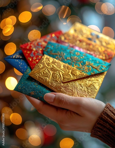 Hand holding assorted decorative envelopes with intricate embossed patterns in warm festive light with bokeh background