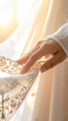 Close Up Of A Bride's Hand Gently Touching Her Wedding Dress Fabric In Soft Golden Sunlight