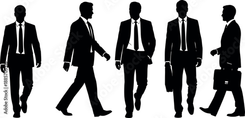Business men silhouettes walking in suits isolated on white background representing corporate teamwork leadership professionalism success modern office executives career finance concept illustration