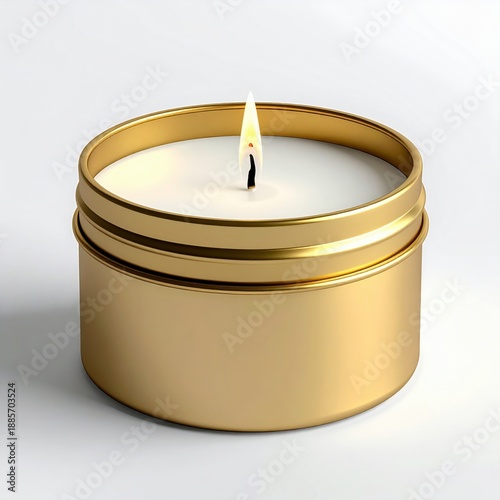 A Lit Gold Tin Candle With White Wax And A Flame On A White Background
