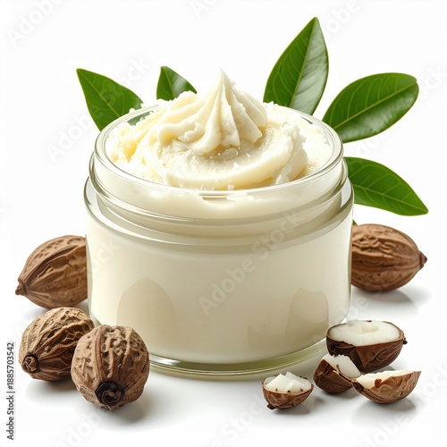 Natural Shea Butter Cream in Clear Jar Surrounded by Whole and Halved Shea Nuts and Green Leaves on White Background Soft Studio Lighting