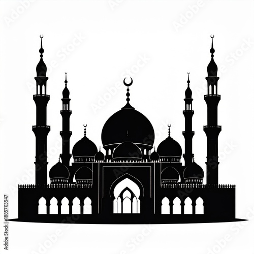 Intricate Silhouette of a Grand Mosque at Dusk Featuring Multiple Domes and Tall Minarets Against a White Background