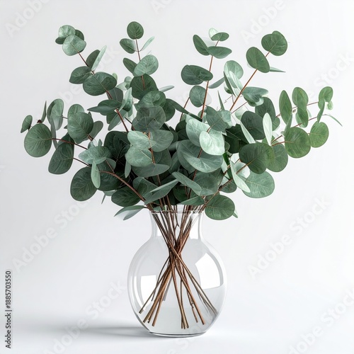 Eucalyptus branches with round green leaves in a clear glass vase with white background and natural lighting