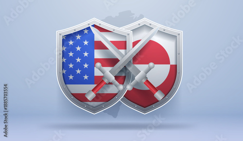 United States Greenland shields crossed swords conflict concept diplomatic tension Arctic background metallic design