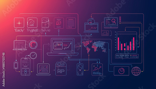 Infographic template with various icons and graphs on a colorful gradient background for business or technology concepts