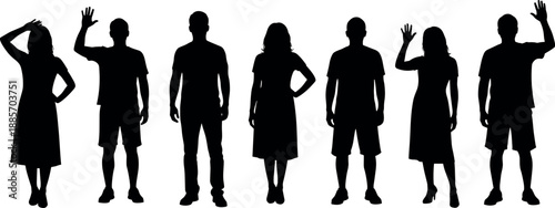 Casual people silhouette set showing men and women standing and waving gestures, everyday human figures isolated on white background minimalist flat design
