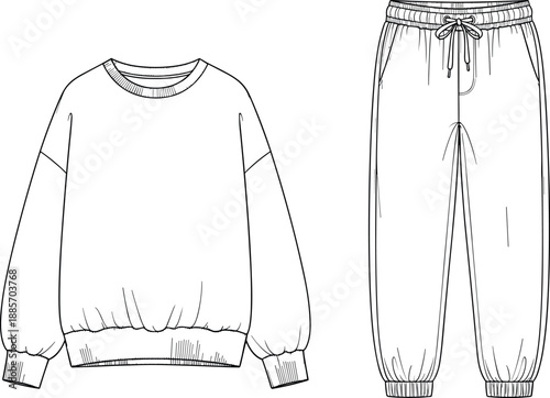 Casual sweatshirt and jogger pants technical line illustration showing comfortable loungewear outfit with elastic cuffs and waistband isolated on white background