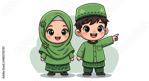 Cute Muslim Boy and Girl Wearing Green Traditional Outfit in Kawaii Cartoon Style