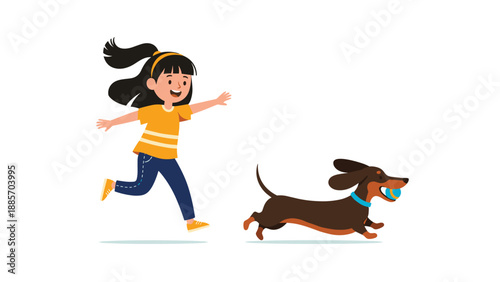 Energetic young girl with pigtails running joyfully across a field to catch up with a dachshund dog carrying a blue ball in its mouth.