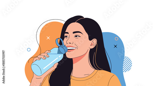 Smiling young woman with long dark hair drinking refreshing water from a blue reusable bottle against a colorful abstract background.