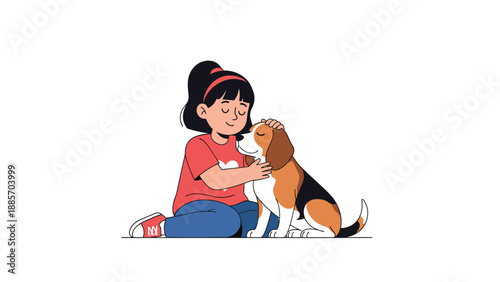 Sweet young girl sitting on the floor and tenderly hugging a cute beagle dog with her eyes closed in a moment of pure affection.