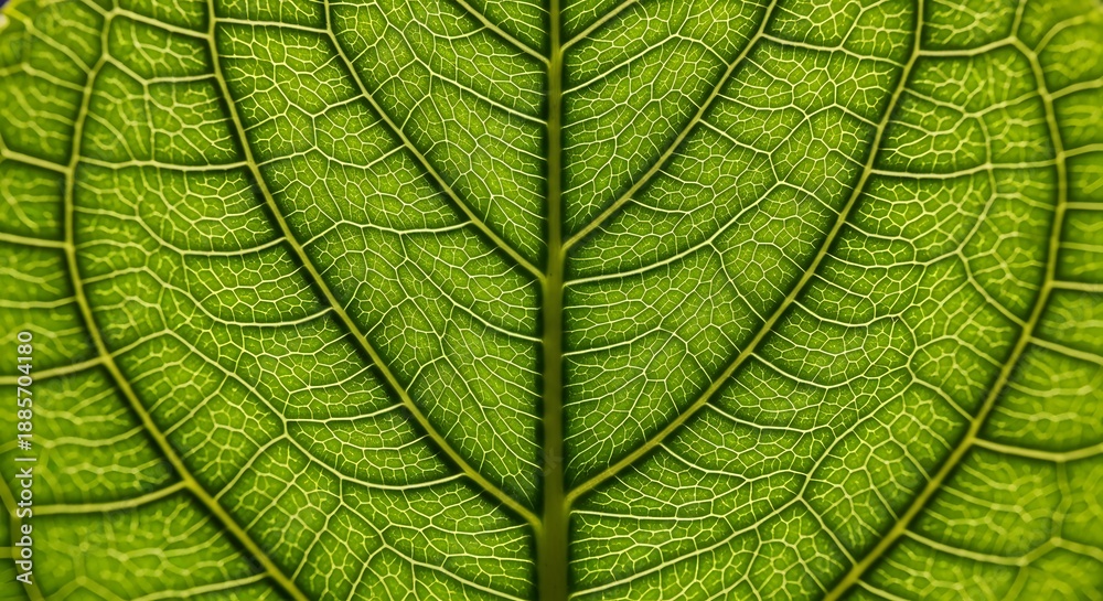 Obraz premium Intricate macro photography of a glowing green leaf, emphasizing its delicate vascular system and natural organic design, a symbol of growth and ecological health
