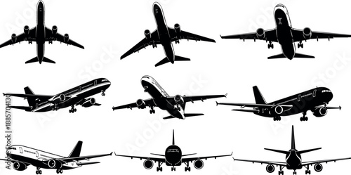 Commercial airplane silhouette illustration set showing passenger jets from multiple angles, takeoff and landing views, modern aviation transport in black vector style