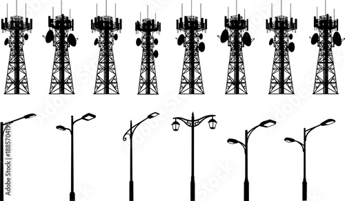 Communication tower and street light silhouette set featuring telecom antenna towers and urban lamp posts isolated on white background illustration
