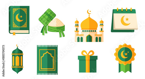 Ramadan Symbols Including Quran, Ketupat, Mosque, and Gift
