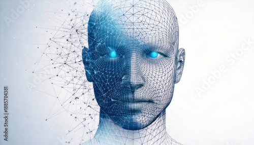 Artificial intelligence concept with digital human face and glowing eyes.