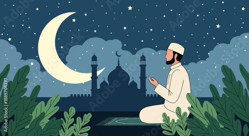 Muslim Praying at Night with Mosque, Crescent Moon, and Stars