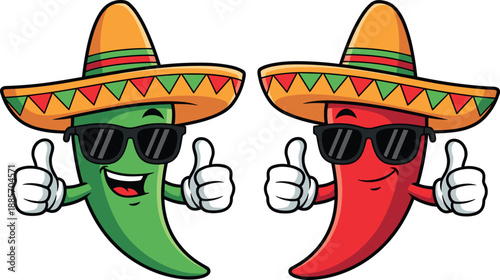 Cute chili pepper cartoon characters wearing sombrero hats and sunglasses, spicy Mexican food mascot illustration isolated on white background