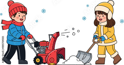 Cute children clearing snow illustration showing boy using snow blower and girl shoveling during winter season isolated on white background