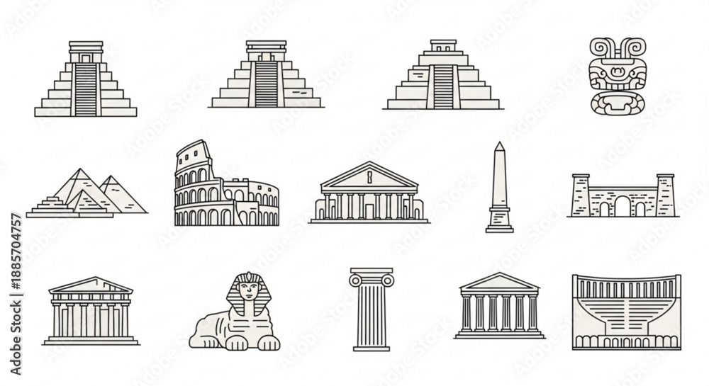 Fototapeta premium Collection of ancient and historical landmarks and monuments in line art style