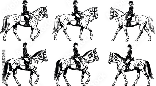 Dressage horse riding silhouettes set showing equestrian rider performing classical movements isolated on white background elegant sport illustration