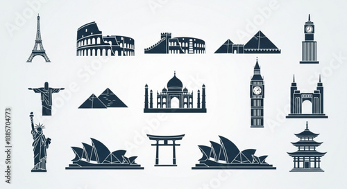 Collection of iconic landmarks and monuments in dark blue silhouette