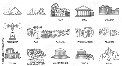 A black and white line drawing of various famous landmarks