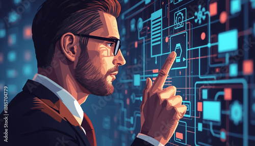 Businessman interacting with futuristic digital interface with various icons and symbols