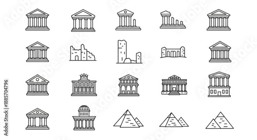 Collection of iconic building and monument line drawings including famous landmarks and structures