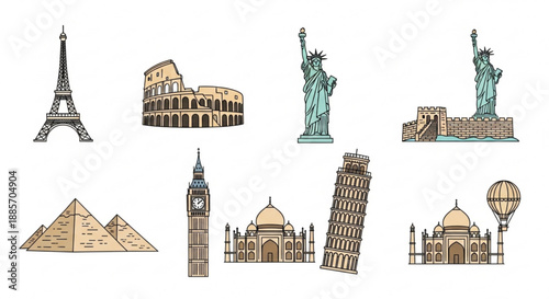 Collection of famous landmarks from around the world in a vintage illustration style