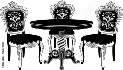 Elegant classic dining table and chair set illustration with ornate carved details, vintage luxury furniture design in black and white vector style