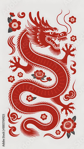 A stylized red Chinese dragon illustration adorned with cherry blossoms and decorative clouds, perfect for traditional and festive designs.