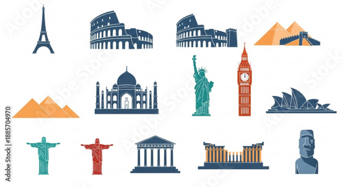 Collection of iconic landmarks and monuments from around the world in a colorful flat design style
