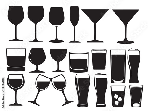  Alcohol Drink Glasses Silhouettes on White Background Vector Fully Editable Smart Object Silhouette
