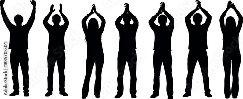 Group of standing applauding people silhouettes with raised hands isolated on white background representing celebration teamwork success audience support concept