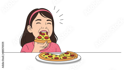 Happy young girl enjoys a delicious slice of hot pepperoni pizza with melted cheese, smiling as she takes a bite at a white table.