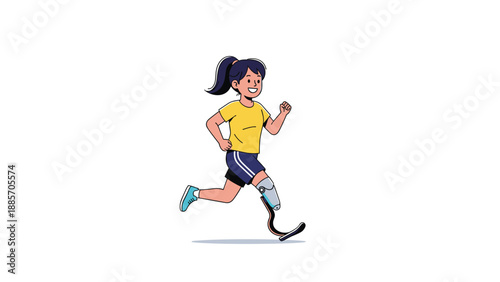 Determined young girl with a prosthetic leg and a ponytail runs with confidence, demonstrating courage and perseverance in physical activity.