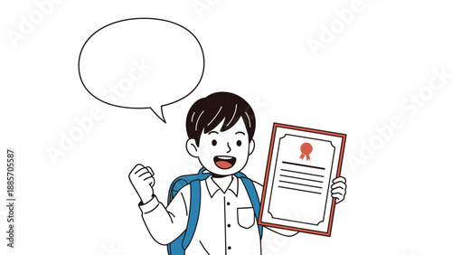 Proud young school boy wearing a backpack and holding up an achievement certificate with a blank speech bubble for custom text.