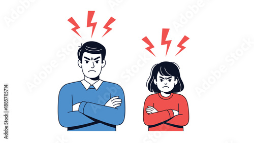 Angry father and daughter standing with their arms crossed and lightning bolts above their heads during a family conflict.
