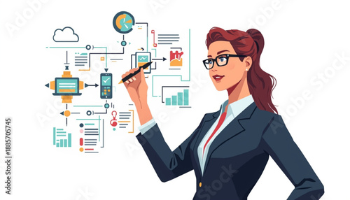 Businesswoman analyzing data and workflow with digital tools and graphs