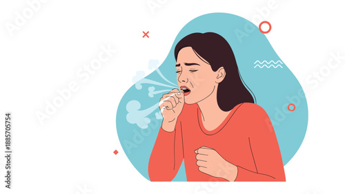Sick young woman in a red shirt coughing into her hand with cold or flu symptoms depicted by blue swirling air symbols.