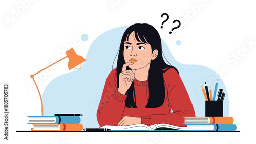 Pensive young woman sitting at a desk with books and a lamp while looking up and thinking about a difficult problem.