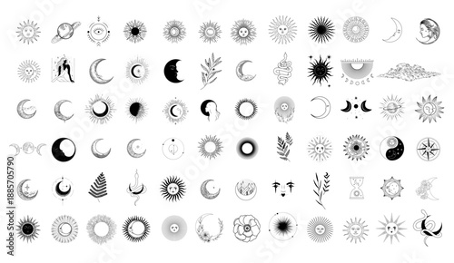 Vector illustration set of moon phases. Different stages of moonlight activity in vintage engraving style. Zodiac Signs	