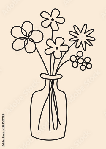 Hand Drawn Minimalist Flower Bouquet in Glass Vase, Naive Scribble Style Floral Line Art Illustration, Wobbly Organic Outline Botanical Vector on Beige Background for Modern Interior Decor Postcard