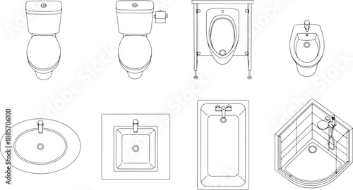A comprehensive collection of bathroom fixtures, rendered in a detailed line art style. Includes a toilet, sink, bathtub, shower, bidet, each meticulously illustrated.