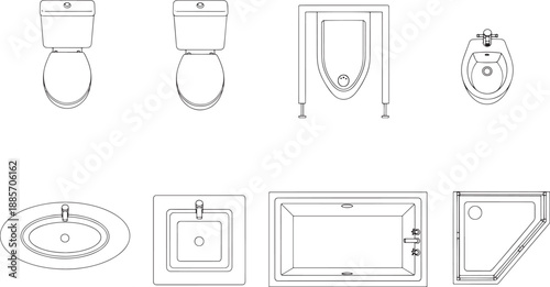 A comprehensive view of bathroom fixtures and fittings. The image offers a detailed architectural plan, showing a toilet, sink and bathtub etc. 